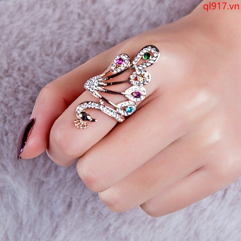 Nhẫn Mạ Vàng Hình Chim Công Đính Đá Nhiều Màu Sắc