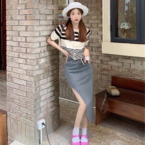 Áo Thun POLO Dệt Kim Ngắn Tay Họa Tiết Kẻ Sọc Thời Trang