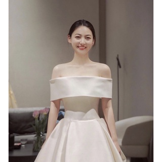 (RẺ VÔ ĐỊCH) Váy cưới trễ vai satin, dòng váy đi bàn hot nhất hiện nay, váy cưới form A