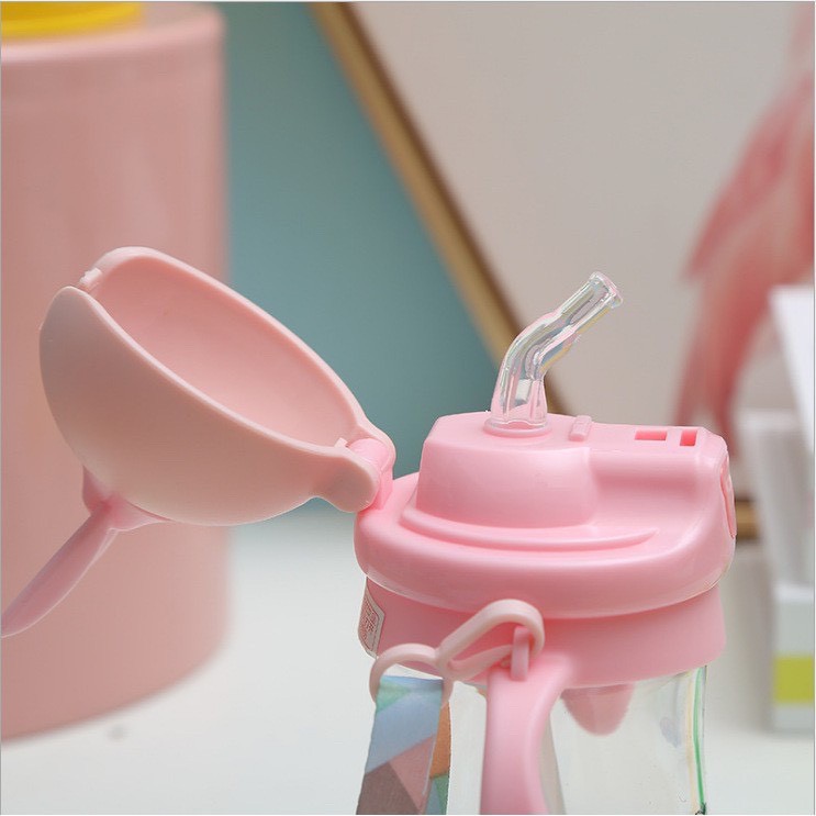 Bình Tập Uống Chống Sặc Có Ống Hút Kèm Dây Đeo Hình Tai Thỏ 280ml Cho Bé