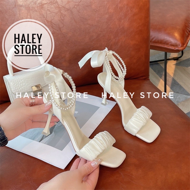 Giày sandal nữ HALEY STORE cao gót 9cm quai ngang nhúm nhún đính ngọc nơ lụa quấn cổ chân đi tiệc cưới cô dâu tiểu thư