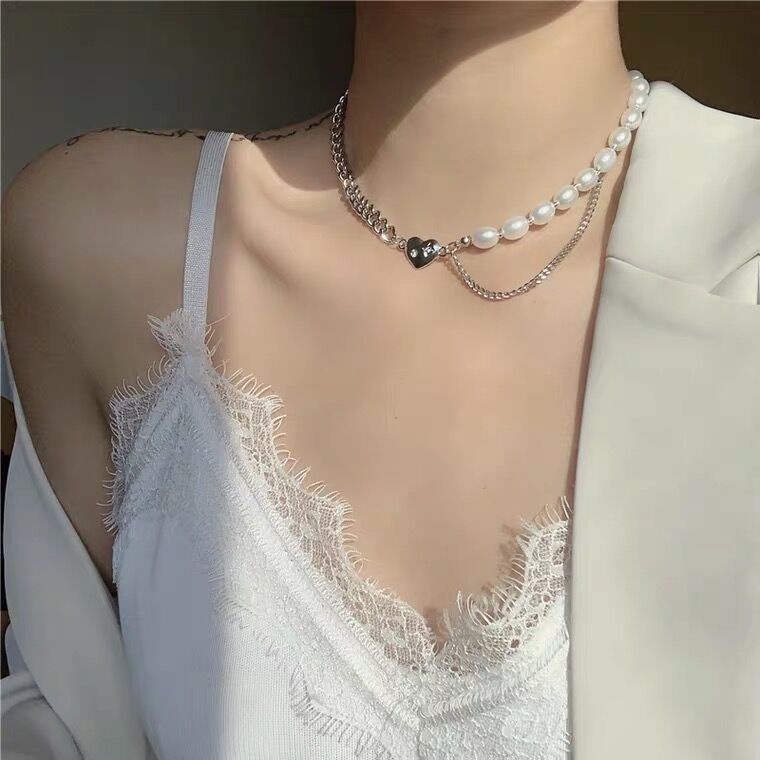 Vòng cổ Đính Ngọc Trai Hình Trái Tim Thời Trang Dành Cho Nữ