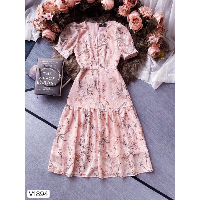 [ẢNH THẬT] Váy hoa dáng xòe màu hồng cam, vải voan 2 lớp cao cấp với họa tiết nổi cực xinh, đầm thiết kế DVC
