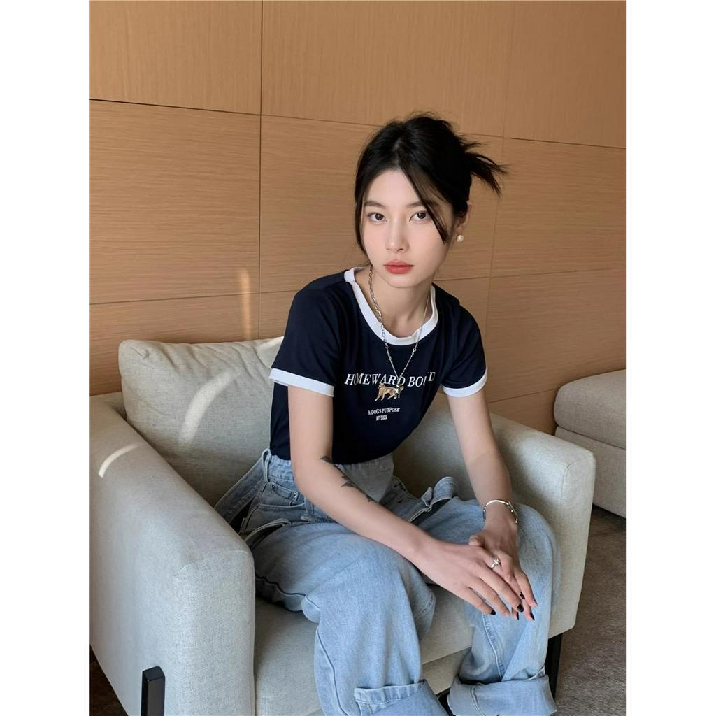 Xiaozhainv Áo Croptop Cổ Tròn Tay Ngắn In Hình Chú Chó Dễ Thương Thời Trang Mùa Hè Cho Nữ