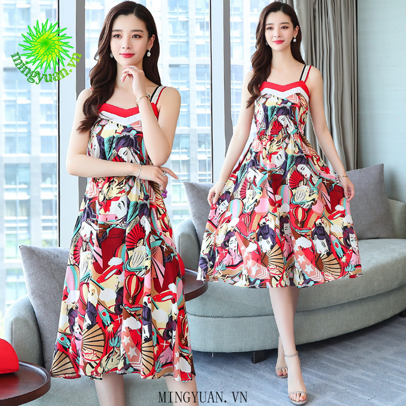 ( Mingyuan ) New retro print fairy suspender dress
