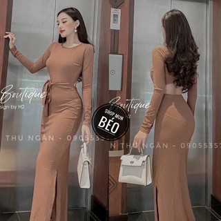 Đầm body tay dài khoét lưng cột nơ eo