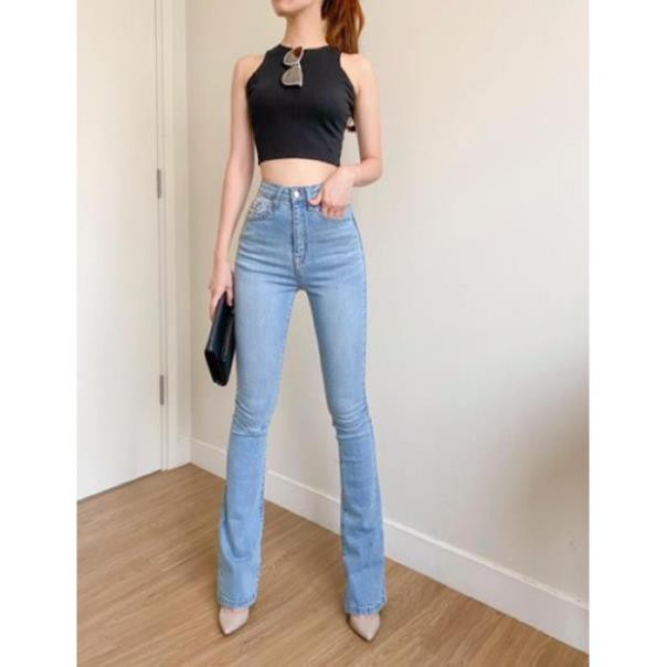 HOT Quần jeans ống loe màu xanh sáng dáng lửng