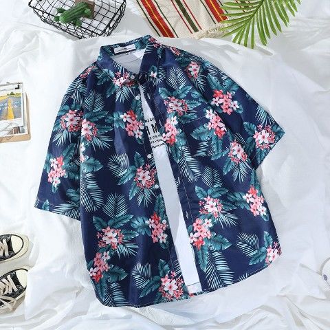 Beach shirt Flower shirt Loose plus size shirt Hong Kong style retro handsome shirt Shirt jacket