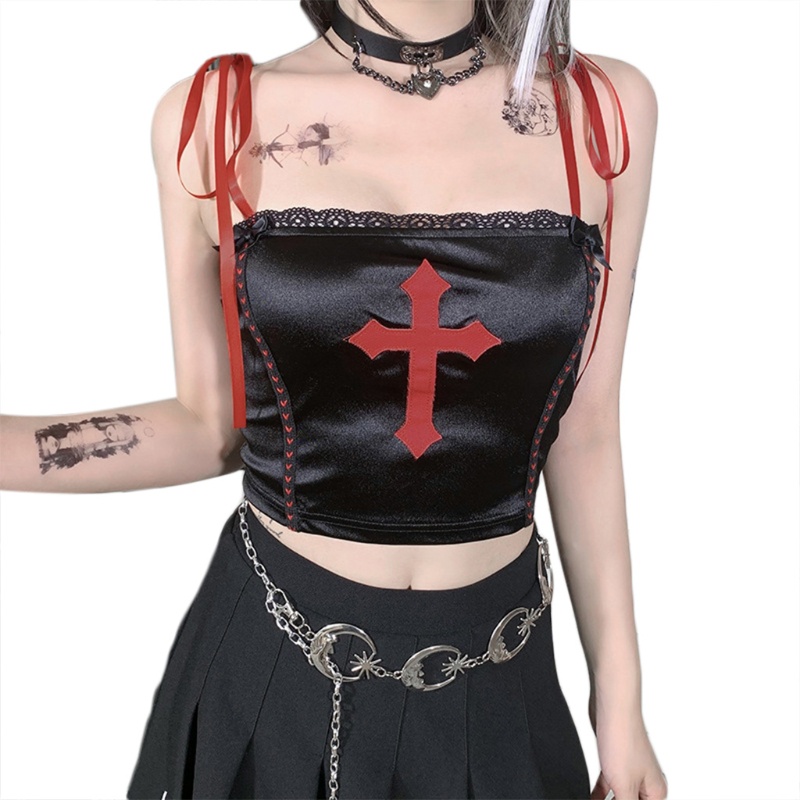 Áo Croptop Hai Dây Dáng Ôm Thêu Chữ Thập Màu Đỏ / Đen Vải Satin Phong Cách Gothic Punk Cho Nữ