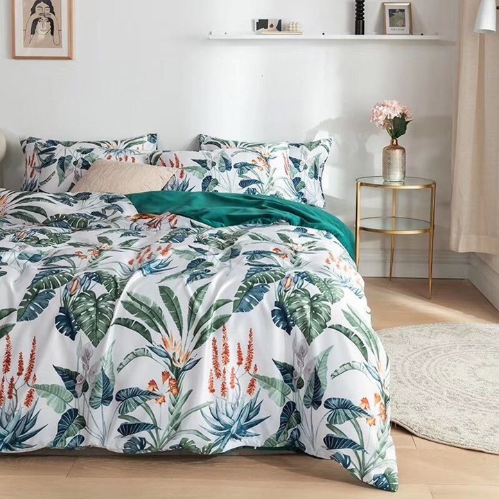 Bộ chăn ga gối , drap giường chất vải Lụa Phi họa tiết Lá Chuối