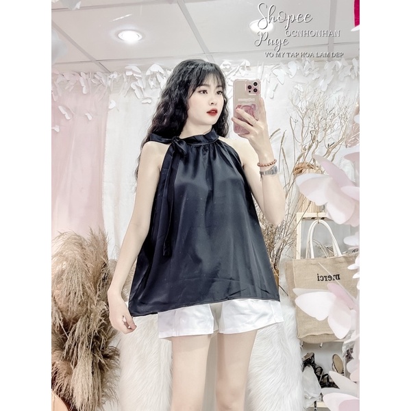 Set áo yếm lụa cột nơ rời phối quần short tafta