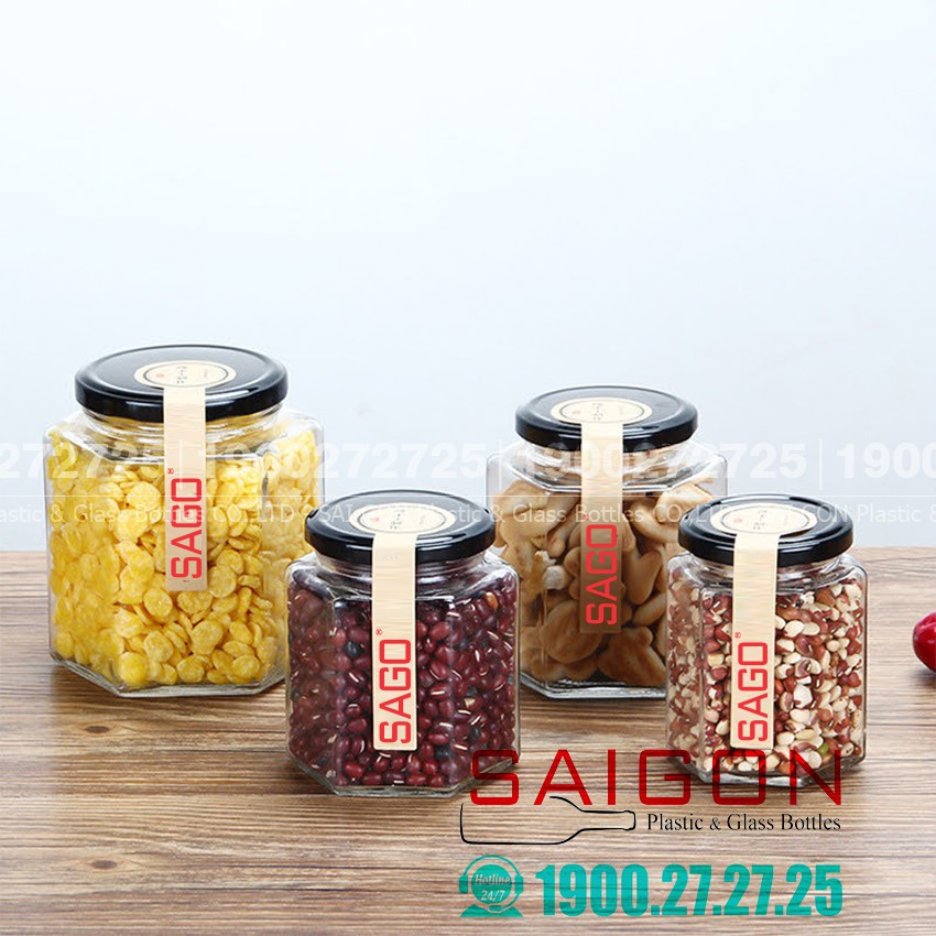Hũ Thủy Tinh Gia vị Lục Giác Nắp Thiết | Tùy Chọn Dung Tích và Màu Nắp