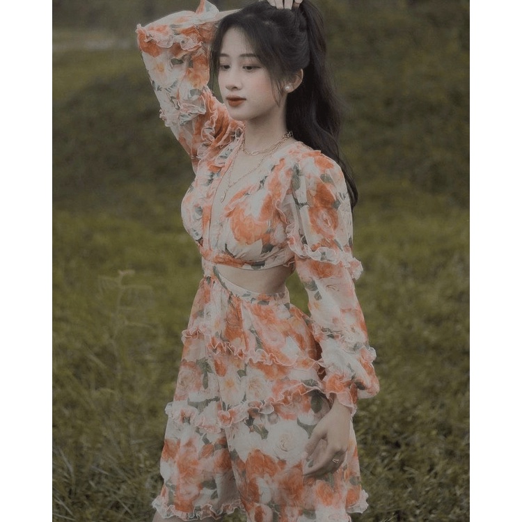 ĐẦM VOAN HOA NỮ HỞ LƯNG SANG CHẢNH PU