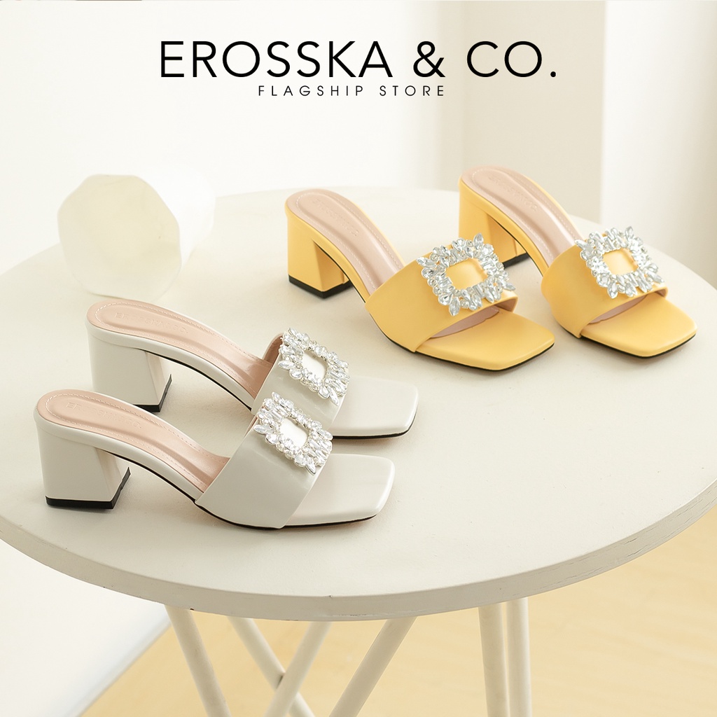Erosska - Dép cao gót nữ quai ngang đính đá sang trọng cao 5,5cm màu trắng - EM096