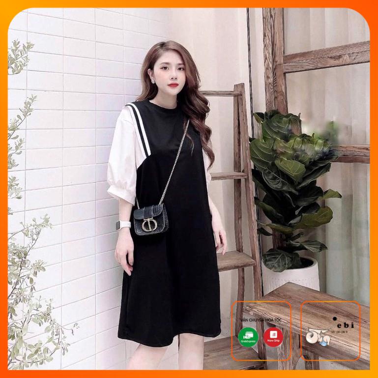 Đầm bầu đẹp - váy bầu suông màu đen phối tay trắng sọc nách hàng freesize tới 70kg BN10 - Jebi
