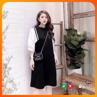 Đầm bầu đẹp - váy bầu suông màu đen phối tay trắng sọc nách hàng freesize tới 70kg BN10 - Jebi