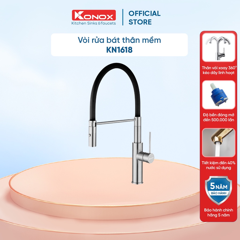 Vòi rửa bát cần mềm KONOX KN1618 hợp kim đồng 61% tiêu chuẩn Châu Âu CW617N, bề mặt xử lý PVD Chrome 5 lớp