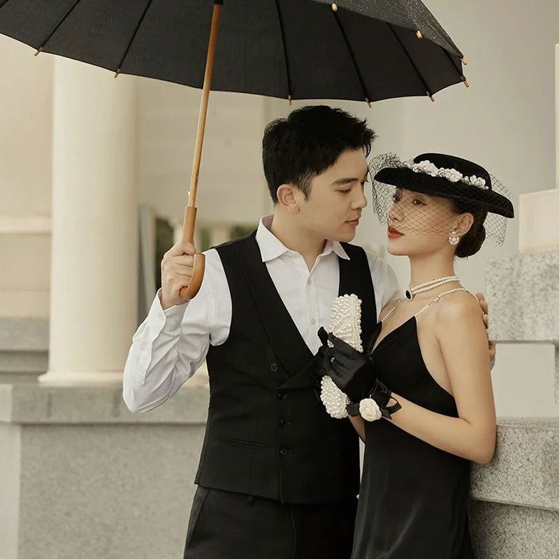 [Aishang Đẹp Phụ Kiện] Găng Tay Satin Màu Đen Phong Cách Hepburn Pháp Cho Cô Dâu Chụp Ảnh Cưới Xiaoxiang Ban