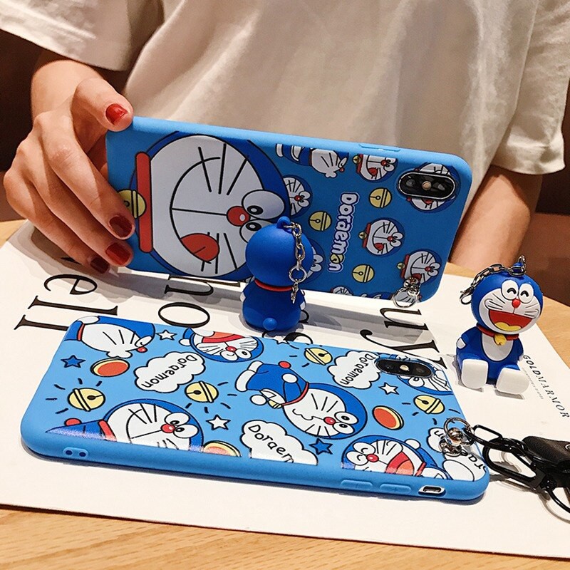 （P43）Ốp điện thoại có giá đỡ kiêm gương và dây đeo Doraemon cho Samsung Galaxy A20 A30 M10S A205 A305 A20S A50 A70 A70s A71