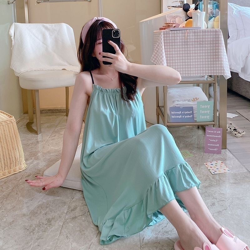 váy ngủ hai dây mùa hè thanh mát dáng dài trùm qua gối nhẹ nhàng thướt tha kiểu tiểu thư