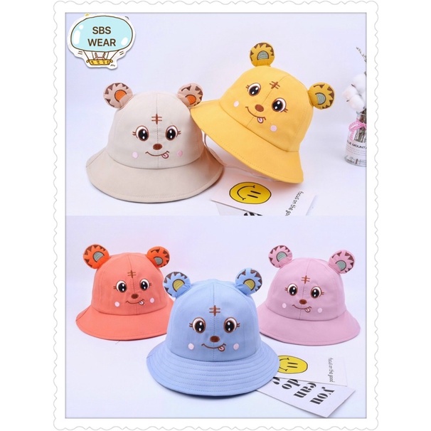 Mũ cho bé trai bé gái vành rộng thêu mèo cười tai nơ dễ thương , phù hợp 5 tháng - 4 tuổi