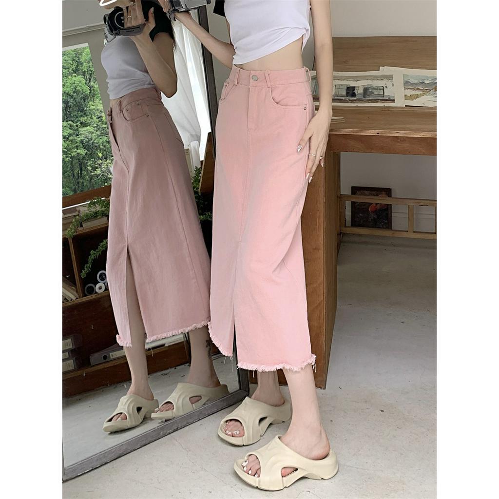 Chân váy jean Hồng Lưng Cao Dáng Rộng Xẻ Tà Thời Trang Mùa Hè Hàng Mới Dành Cho Bạn Nữ