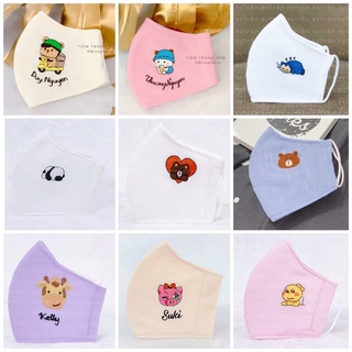Khẩu trang linen thêu tay thêu hình Gấu - thêu tên riêng theo yêu cầu