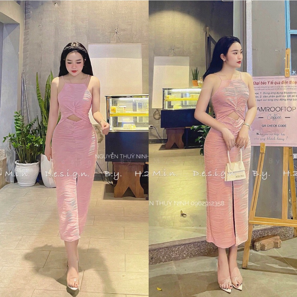 Váy body khoét eo đầm xoắn eo xuất xịn màu xanh