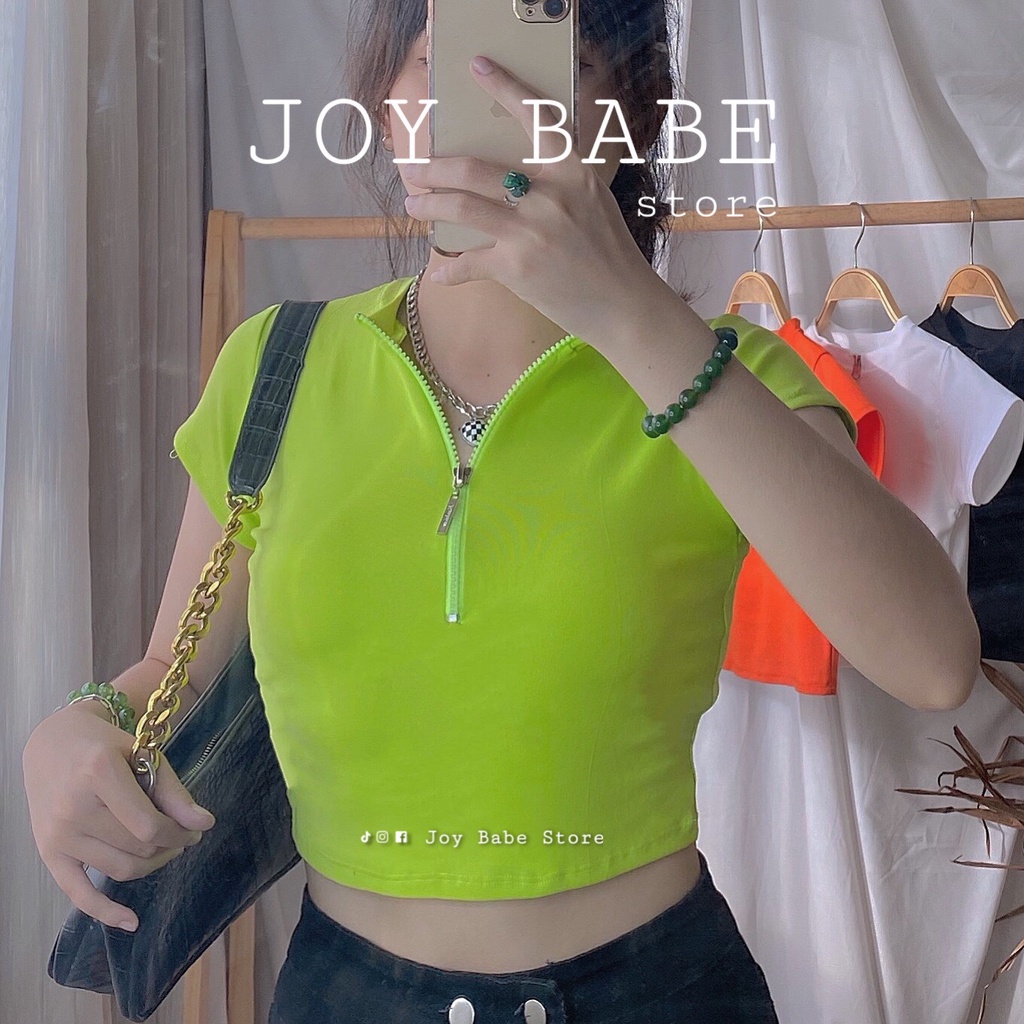 Áo thun croptop cổ bẻ kéo khóa JOY BABE🍊 thun xịn co giãn 4 chiều 🍀 crop polo trơn basic cam xanh lá sáng da CRON 14 -4E