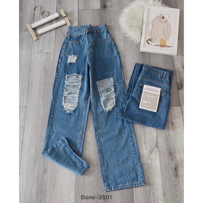 Quần bò ống rộng, jean nữ rách gối tua rua màu xanh đậm siêu cá tính hack dáng hàng cao cấp Lê Huy Fashion MS 3501