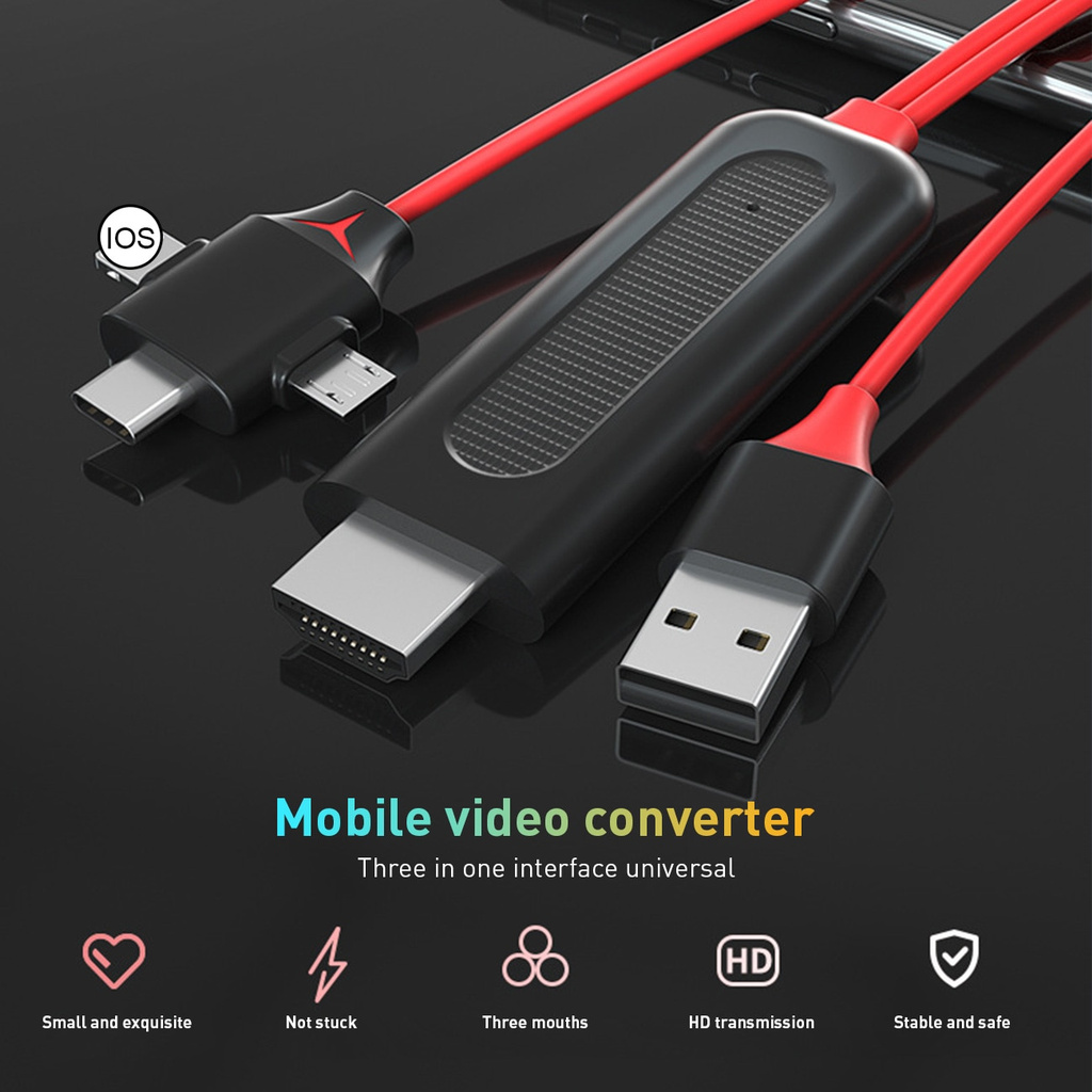 PUTEER 3 IN 1 Micro USB Type-C Lightning To HDMI Mobile Phone To HDMI TV HD Cable for IPhone Android oppo vivo xiaomi samsung phone to TV Projector TV Stick Cable