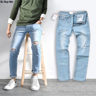 Quần jean nam rách gối xanh nhạt chất quần bò co giãn form skinny
