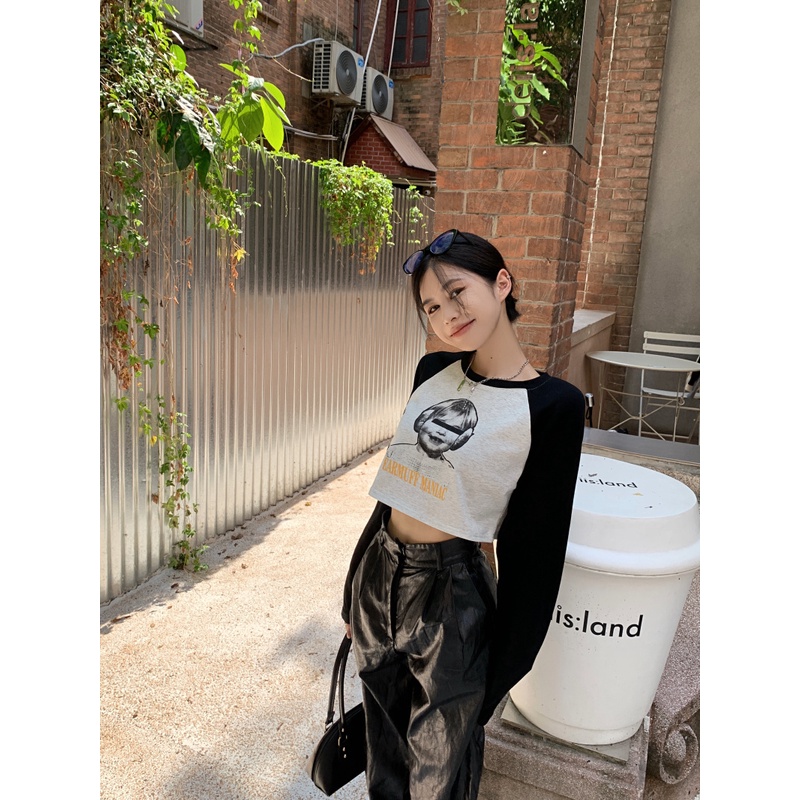 Áo thun dáng lửng tay dài phong cách retro cổ điển dành cho nữ