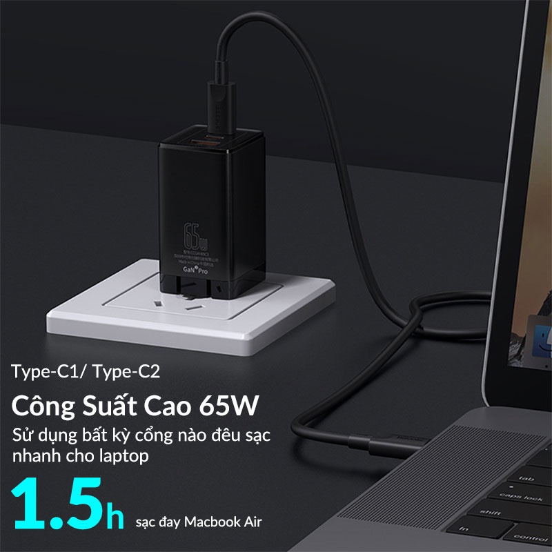 Củ Sạc Nhanh 65W Baseus GaN 3 Pro Sạc Đa Năng Cho Laptop Macbook iPad iPhone Samsung, Chân Dẹp Gập Tiện Lợi