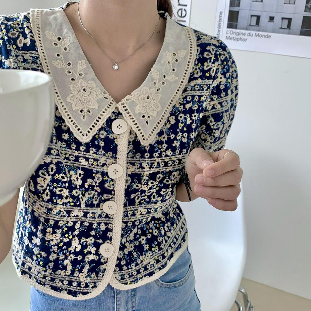 Áo Kiểu Nữ Tay Ngắn Cổ Búp Bê Họa Tiết Hoa Phong Cách Retro Hàn Quốc Xinh Xắn 43350 | BigBuy360 - bigbuy360.vn