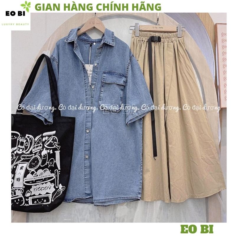 Áo sơ mi bò trơn cộc tay form rộng dấu quần dáng suông  kiểu dáng hàn quốc ulzzang -EOBI