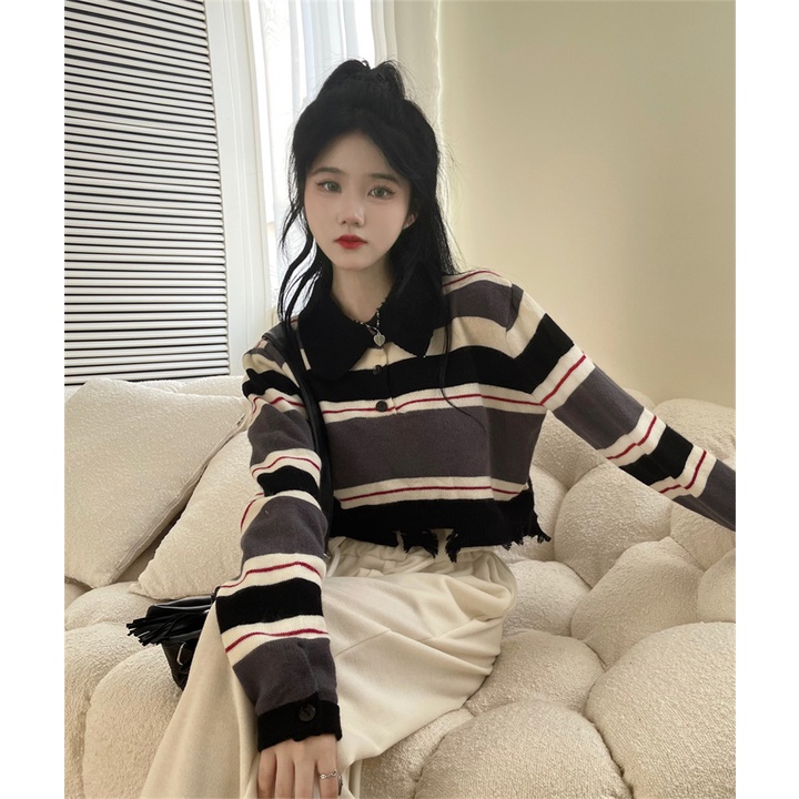 ZHELIHANGFEI Áo thun dáng ngắn tay dài kẻ sọc ngang thời trang cho nữ