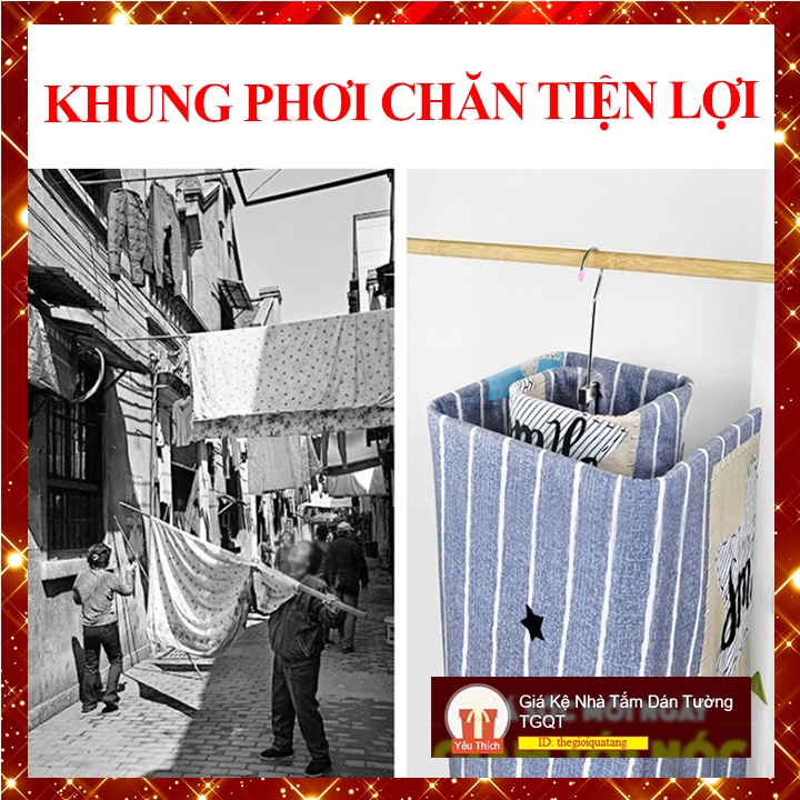 (++Xu) Giá phơi chăn tiện lợi dạng khung vuông INOX tăng diện tích (TGQT)