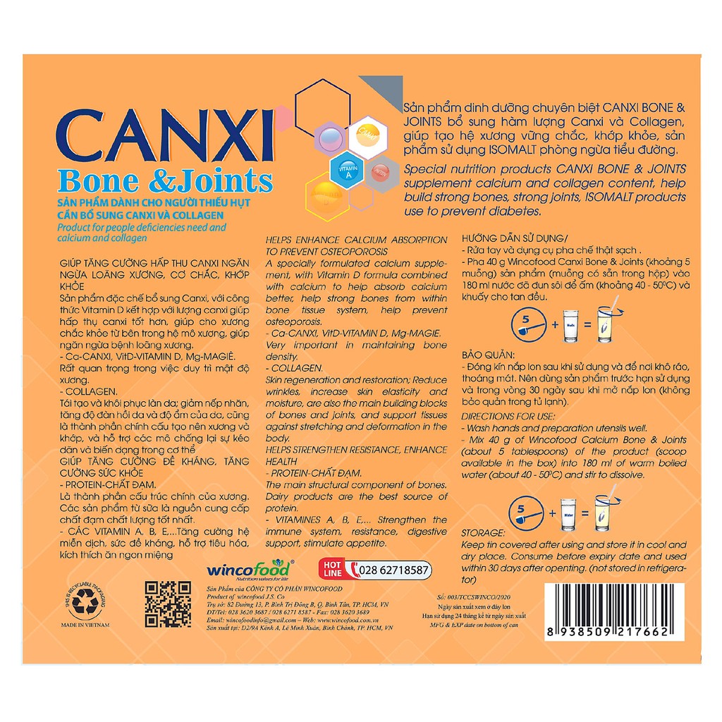 Sữa bột Wincofood Canxi Bone &amp; Joints hỗ trợ cơ xương khớp ngừa tiểu đường giúp đẹp da