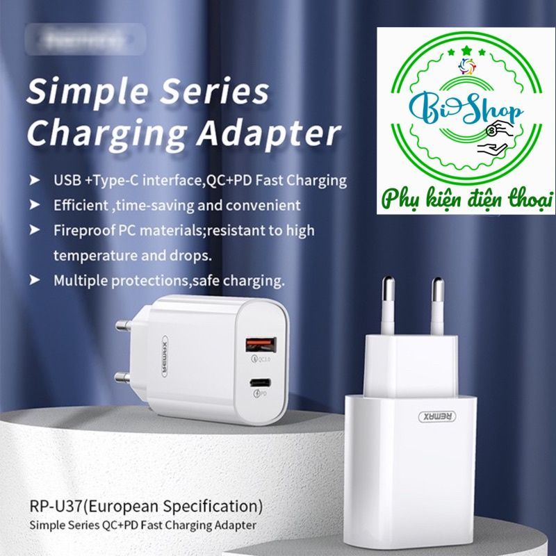 🍀Củ + Cáp sạc nhanh Remax RP-U37 QC3.0+PD 2 cổng sạc: USB và Type C