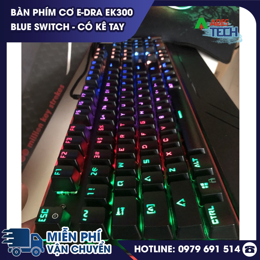 Bàn Phím Cơ EDRA EK300 - Blue Switch - CHỐNG NƯỚC - Có Kê Tay - LED RAINBOW - BH 24 tháng - CHÍNH HÃNG