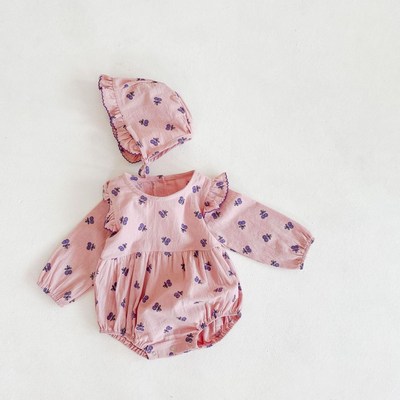 Bộ Áo Liền Quần Tay Dài In Hình Quả Cherry + 2 Mũ Thời Trang Mùa Thu Cho Bé Gái Sơ Sinh