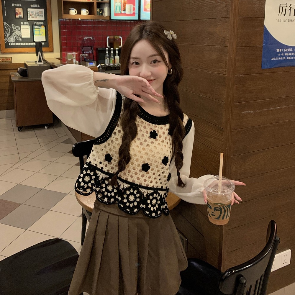 【ZHELIHANGFEI】Áo Len Tay Dài Lưng Cao Viền Ren Theo Phong Cách Preppy