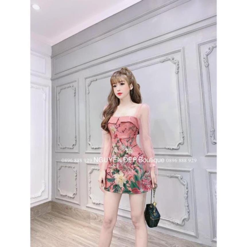 TTL-Hình thật, Đầm Nữ in Họa Tiết Phối tay Lưới (Có Mút Ngực), váy Body Voan Kiếng Tay Loe có quần trong hoa hồng