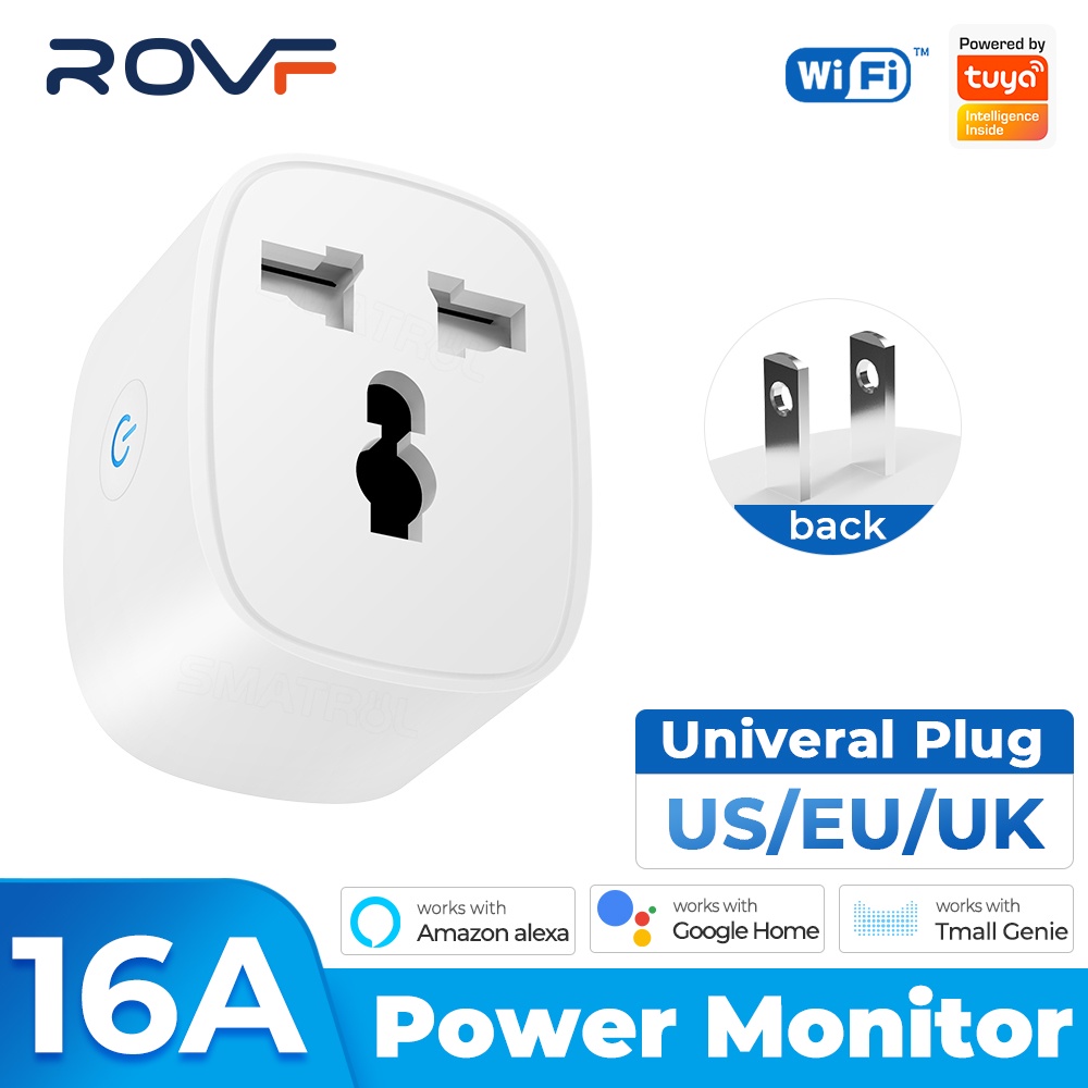 ROVF ổ cắm thông minh Màn hình nguồn 16A Đa năng Wifi Tuya Ổ cắm thông minh Us To Eu Uk Bộ chuyển đổi ổ cắm Định thời gian ứng dụng Smart Life Voice
