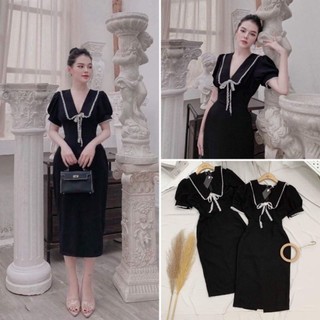 V785 váy công sở | đầm dáng dài cổ đức pha ren phối tay bồng nhẹ sang trọng, eo ôm, bồng hông tôn dáng