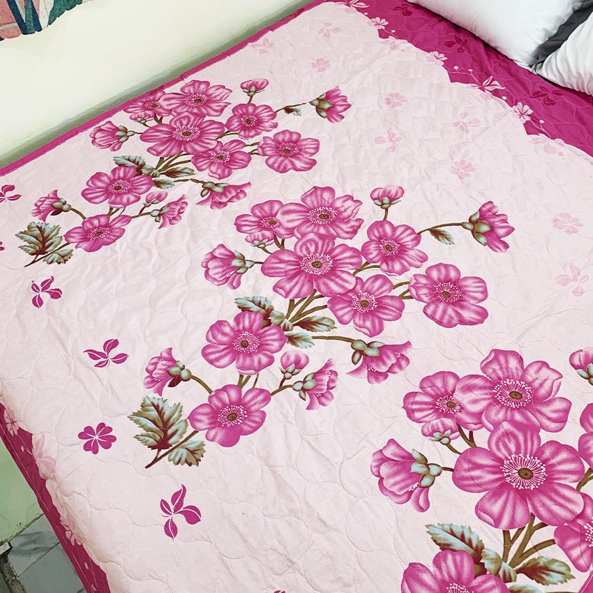 Bộ chăn ga trần bông 5 món hình Hoa Hồng Đào chất liệu Cotton Poly mềm mịn mát đủ kích thước ga giường 1m6, 1m8, 2m2 x2m