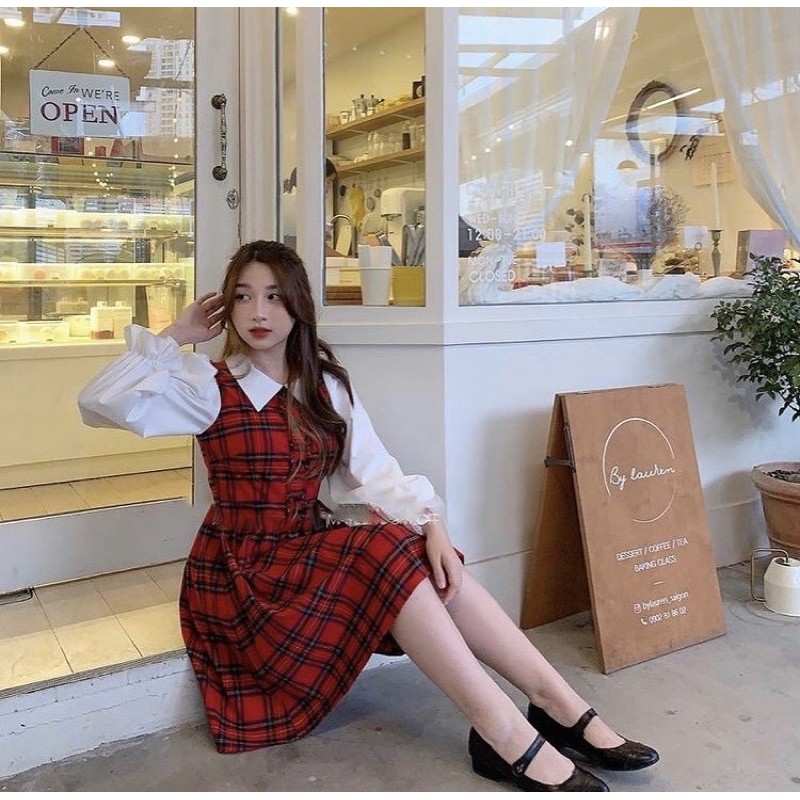 ĐẦM CARO ĐỔ PHỐI CỔ SƠ MI TAY TRẮNG