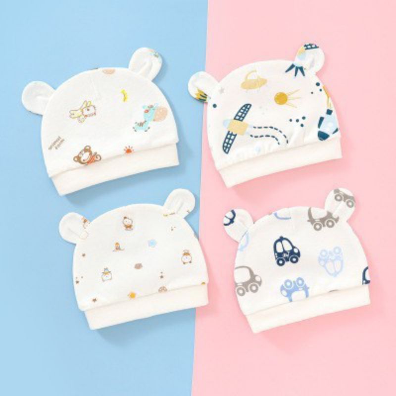 mũ cotton mịn tai gấu cho bé sơ sinh trai gái hàng đẹp