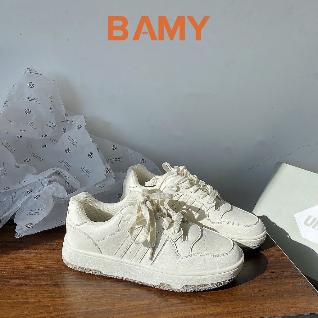 Giày thể thao nữ trắng đế bằng phong cách RETRO, Giày Sneaker nữ BAMY đế bánh mì dáng basic cao 3 phân